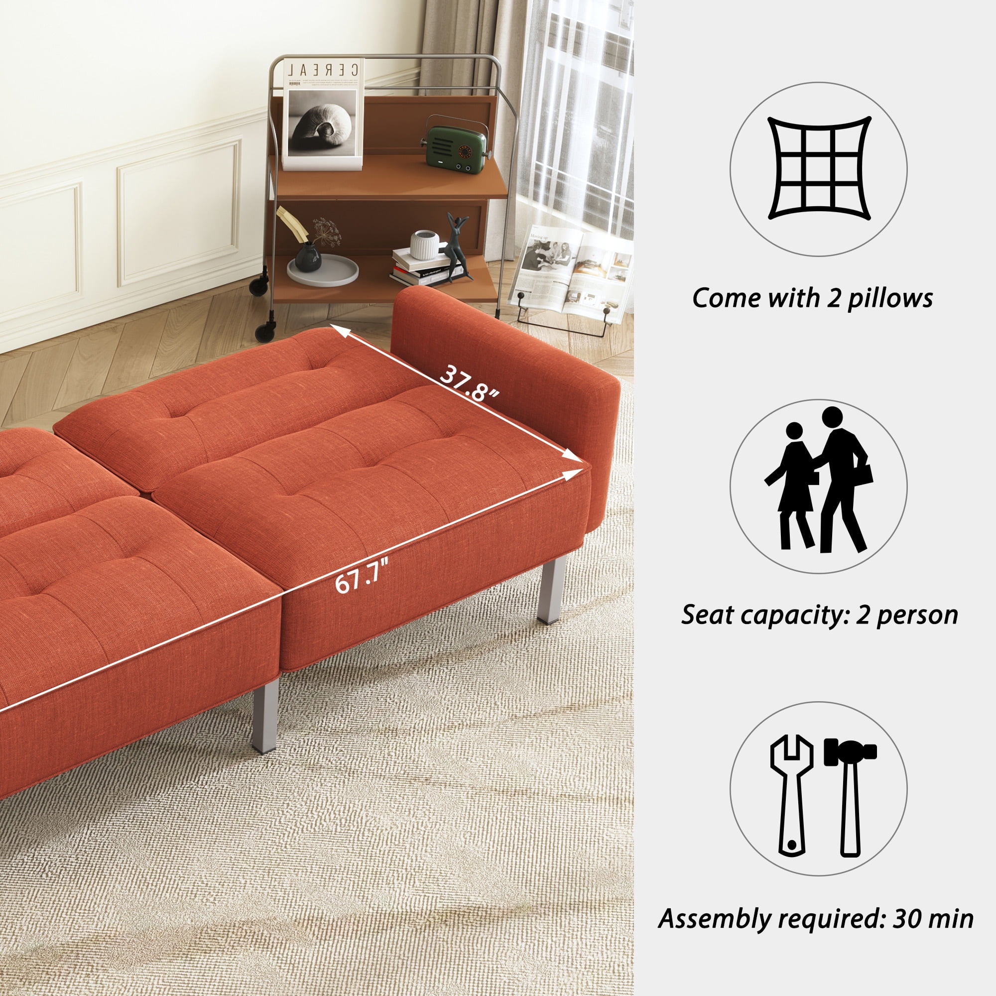 Aukfa 76" Futon Convertible Sofa Bed, 2 Seater Arm Couch for Home Office, 2 Pillows, Linen, Orange