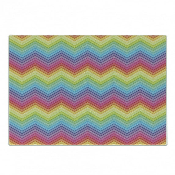 Rainbow Cutting Board, Colorful Zig Zag Chevron Pattern Geometric Modern Sharp Design Illustration, Decorative Tempered Glass Cutting and Serving Board, Small Size, Multicolor, by Ambesonne