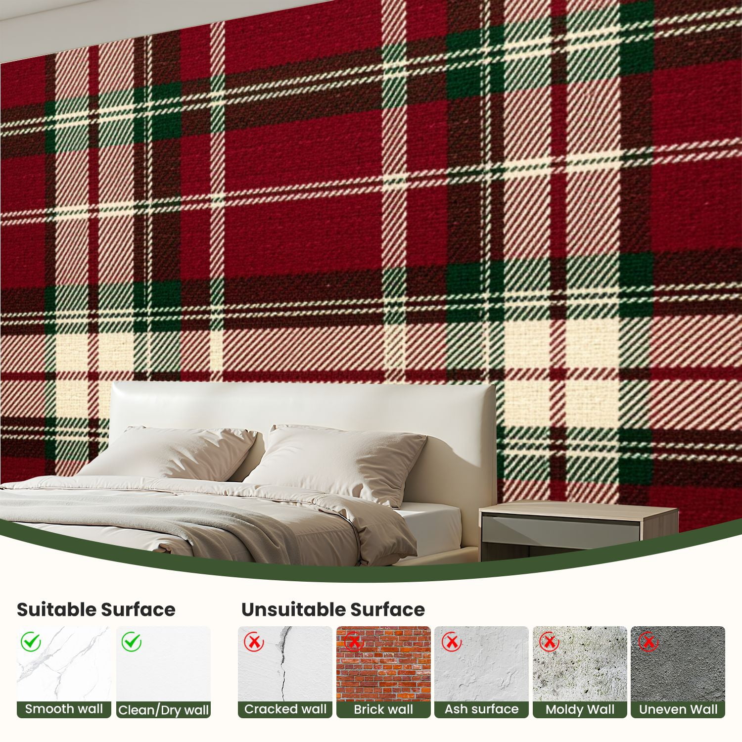 69"x98" Wall Mural Peel and Stick Wallpaper Red Green Plaid Checkered White Accents Wall Decor Self Adhesive Removable Wall Stickers for Bedroom Living Room