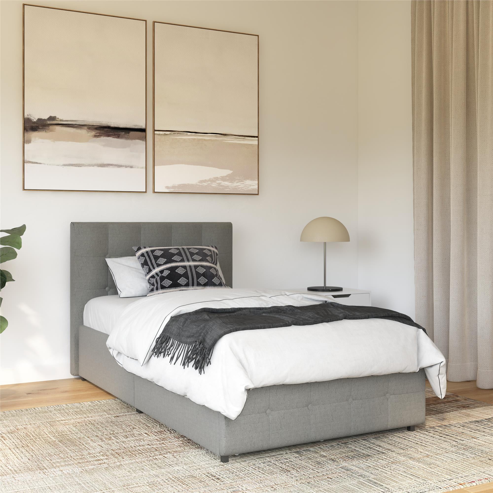 DHP Rose Tufted Upholstered Storage Bed Frame, Twin, Gray Linen