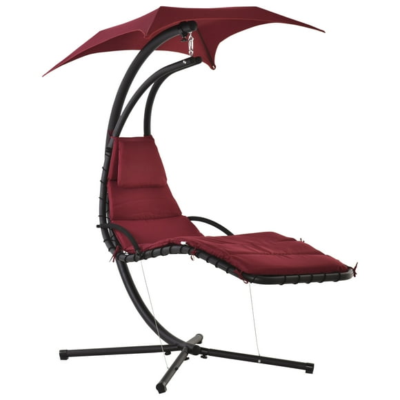 Outsunny Outdoor Hammock Chair with Stand, Floating Chaise Lounge Chair with Soft Padded Cushion, Hanging Hammock Swing Reclining Seat with Canopy Umbrella, Wine Red