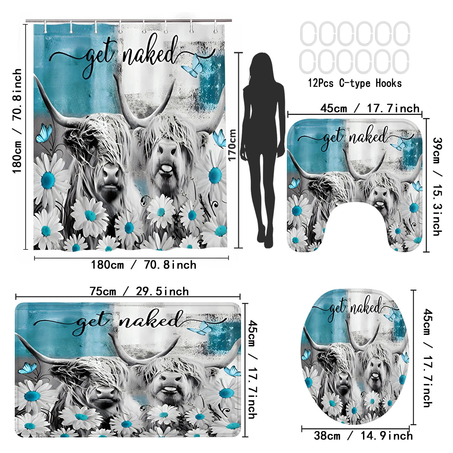 PLUTARCHON 4pcs Highland Cow Bathroom Set - Turquoise Fabric Shower Curtain & Rug, Get Naked Funny Modern Decor, 70.8"x70.8"