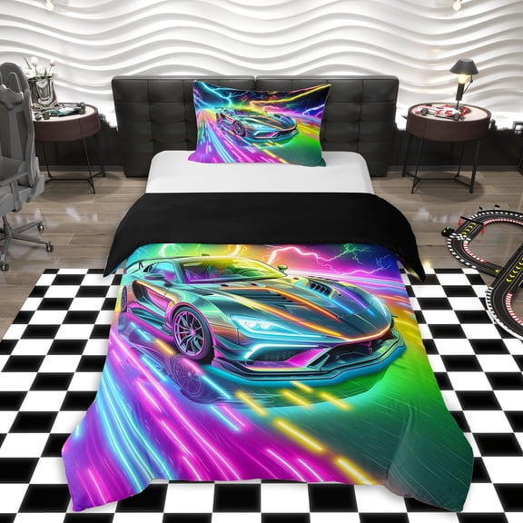 Erosebridal Abstract Fast Car Twin Bedding For Kids Boys,Colorful Lightning Neon Lights Duvet Cover Set For Teens,Black Reversible,Luxury Bedroom Decor,2pcs,No Comforter