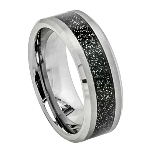 8mm Tungsten Carbide Beveled Edge Sand Blast Glitter Inlay High Wedding Band Ring For Men Or Ladies