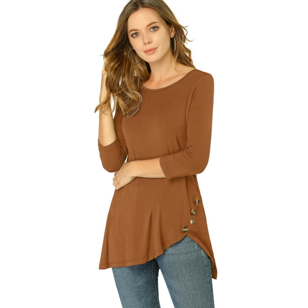 Blusas de túnica elástica casual con cuello redondo y manga 3/4 para mujer Marrón XS