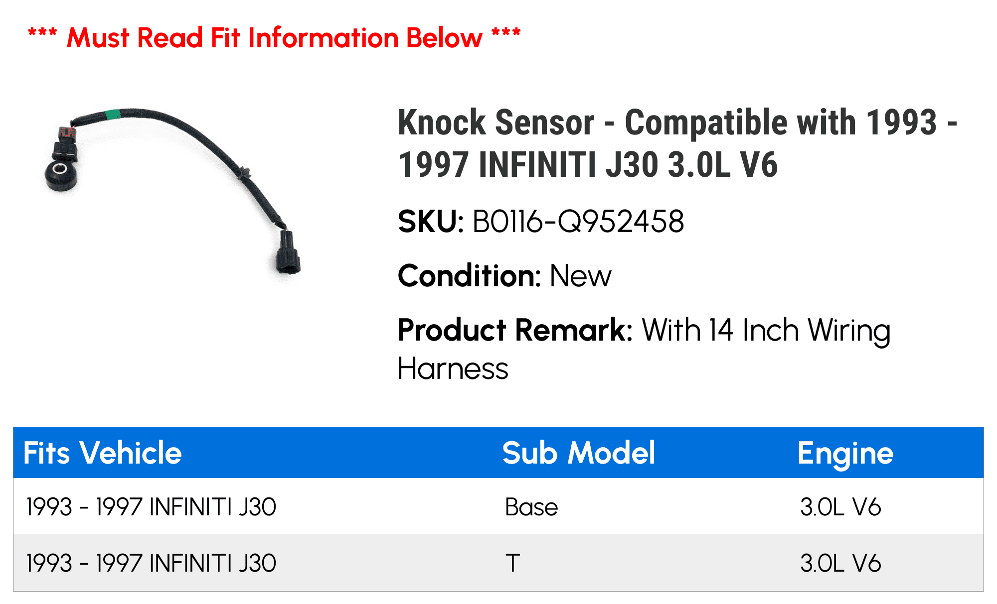 Knock Sensor - Compatible with 1993 - 1997 INFINITI J30 3.0L V6 1994 1995 1996