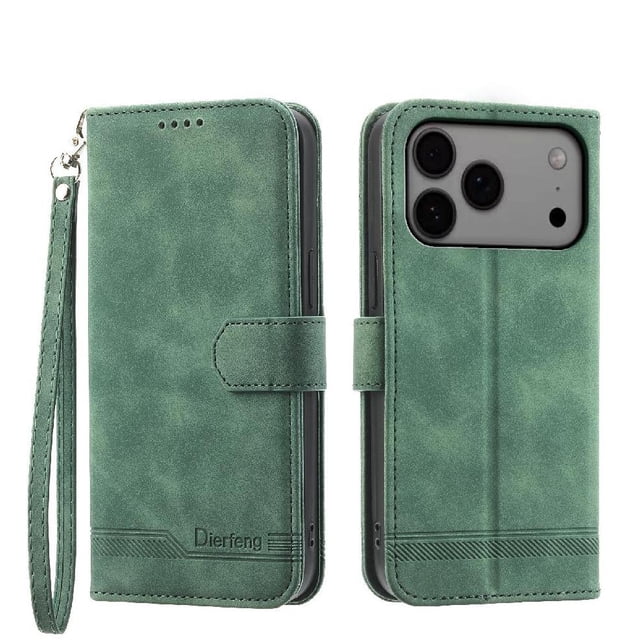 Wallet Case for iPhone 17 Pro Max Flip Phone Case with Card Slots, Cash Pocket, Kickstand, Magnetic Closure & Wrist Strap, TPU Soft Shell Cover Green