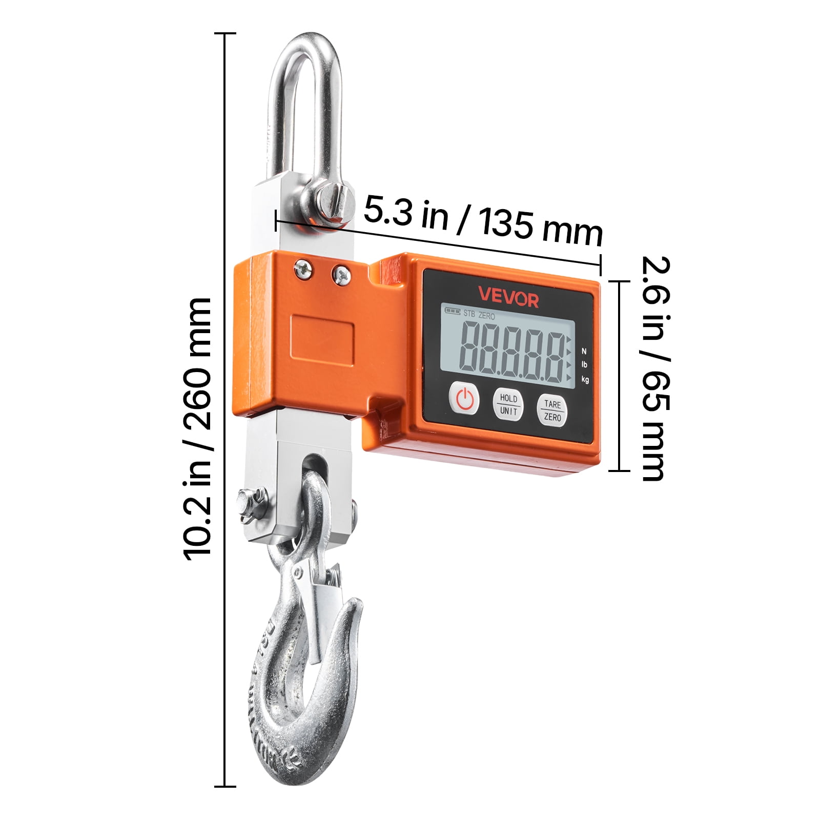 VEVOR Digital Crane Scale, 1100 lbs/500 kg Max Capacity, Heavy Duty Industrial Hanging Scale with Cast Aluminum Case & LCD Display, 0.2 lbs Division & 3 Unit Switch, Auto-Off Setting for Garage