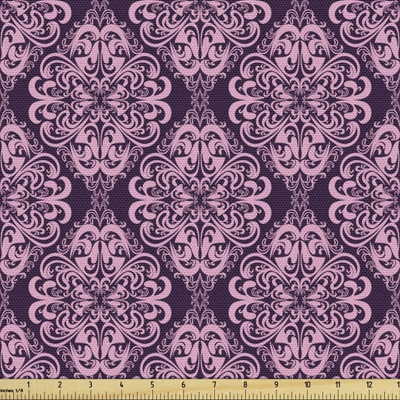 Ambesonne Plum Pink Fabric by the Yard Upholstery, Damask Floral Swirls, 1 Yard, Plum and Pale Pink