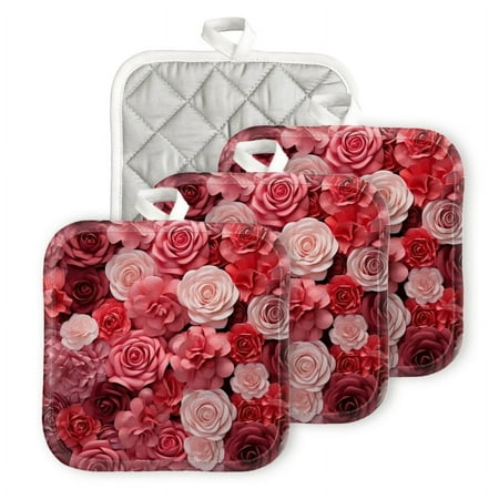 

BaHomeck Pot Holders 4pcs dacron Made Square heat-resisting mat Machine Washable for Kitchen Oven Hot Pads 6.7inch*6.7inch Wall Of Paper Roses In Shades Of Red And Pink