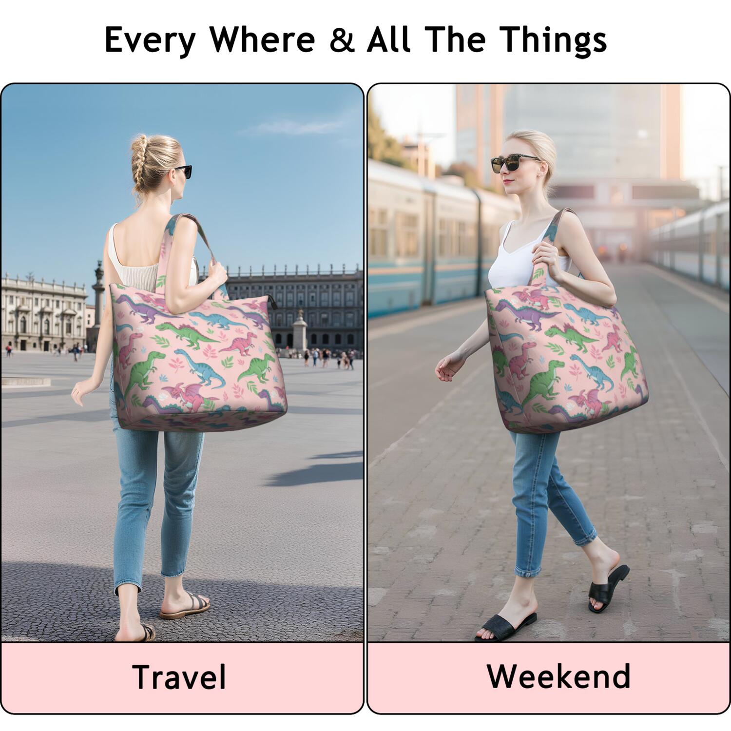 Pink Cartoon Dinosaurs Leaves Pattern Travel Tote Bags for Women Carry On,Large Weekender Bags for Women Travel,Multi Functional Duffle Bag for Work,Shopping,Sports