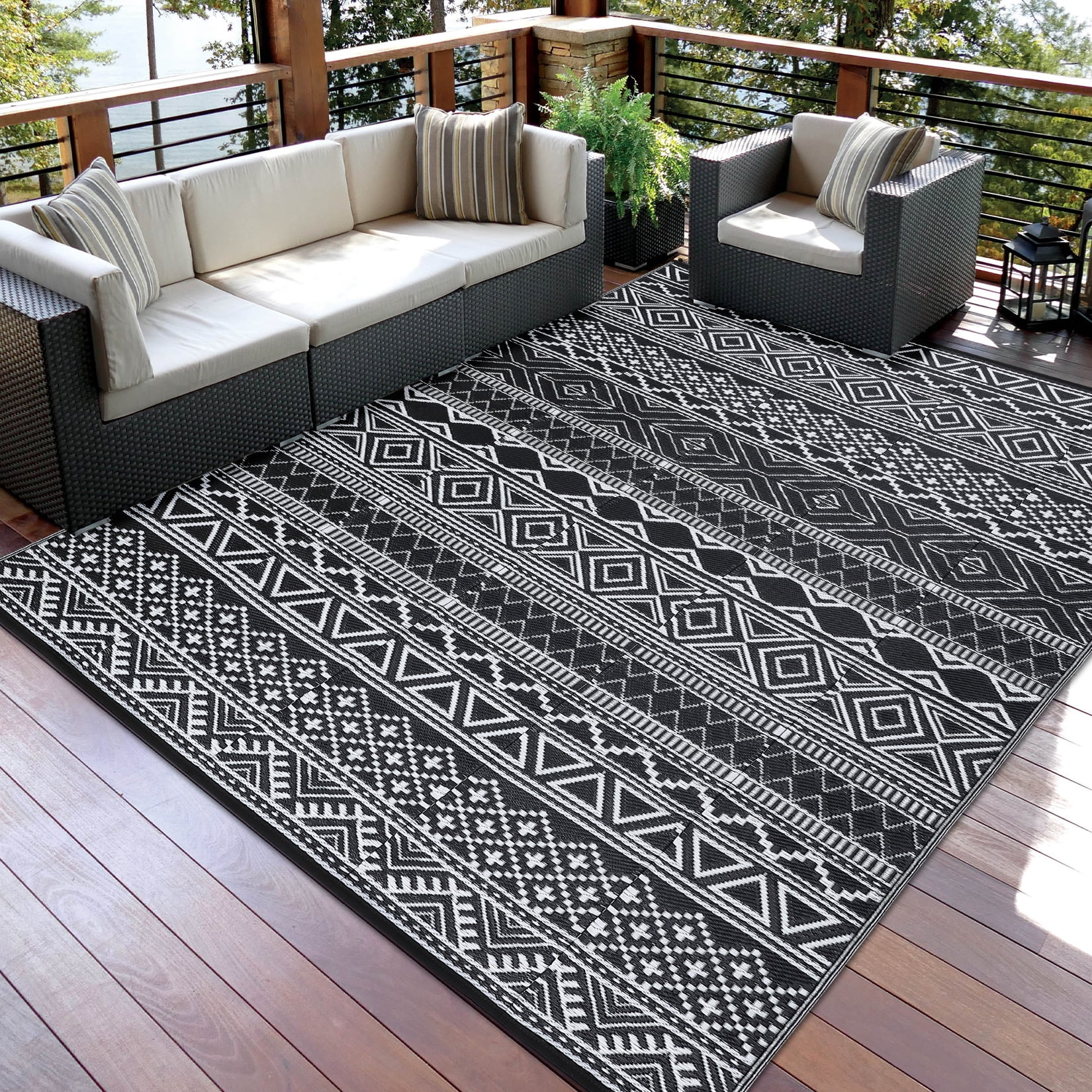 COZONY 9x12 ft Outdoor Rug, Reversible Waterproof Camping Mat, UV & Stain Resistant, Foldable for Backyard, Deck, Black and White