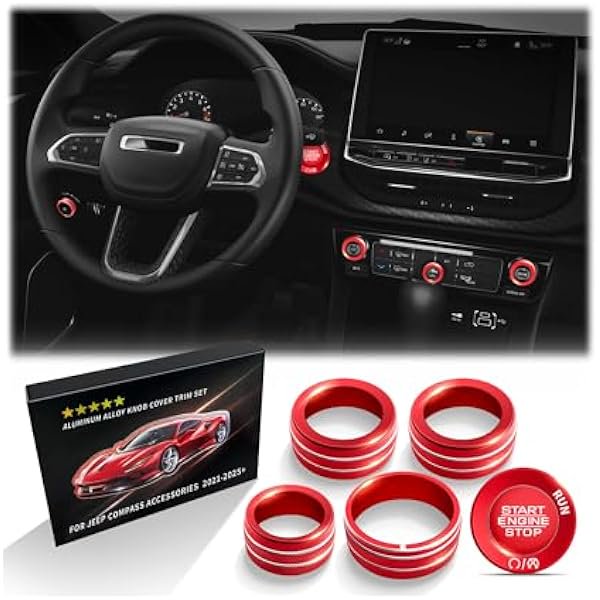 wonima02 for Jeep Compass Accessories 2022 2023 2024 2025, 6pcs Aluminum Alloy Interior Trim Set - A/C, Volume Dial, Headlight Switch Knob Covers & Push Start Button Cover/Ring (Red)