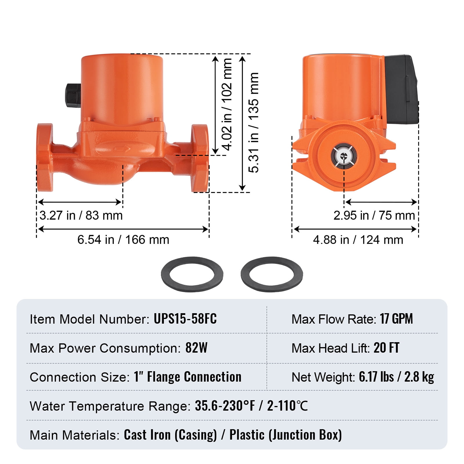 KFFKFF 110V Hot Water Recirculating Pump, 82W 17 GPM Circulation Pump with 1" NPT Flange, 3-Speed Quiet Circulator for Home Water Heating Systems