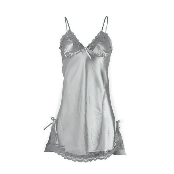 Vestido de pijama de pijama con ribete de encaje satinado sexy para mujer Encaje gris XXL