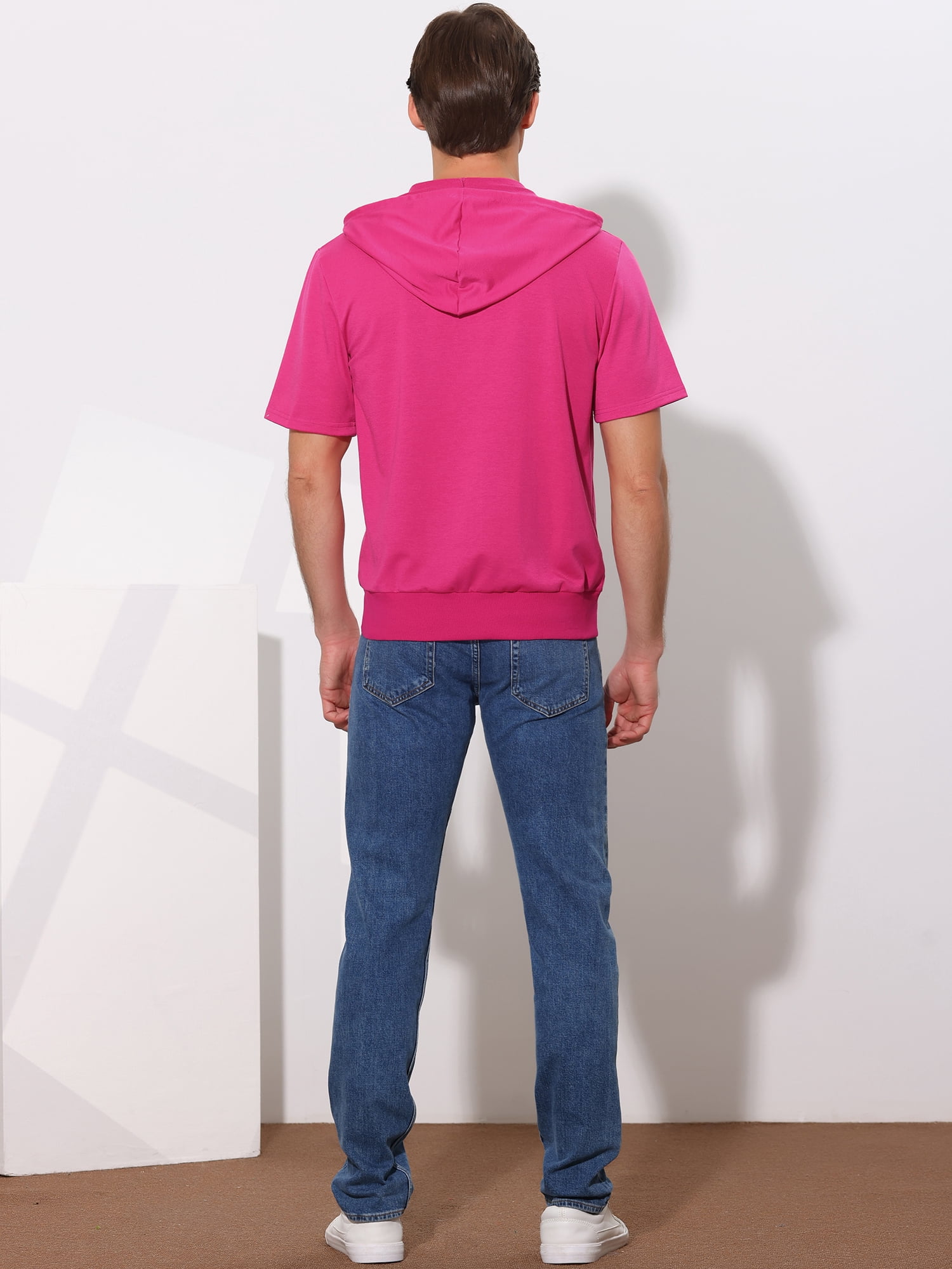 Unique Bargains Men's Short Sleeve Solid Color Zip Up Sport Hoodies L Rose Red