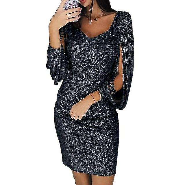 Vestido de lentejuelas para mujer Glitter Sparkle Sexy Cuello en V profundo Vestido corto por encima de la rodilla Vestido de manga larga con borlas