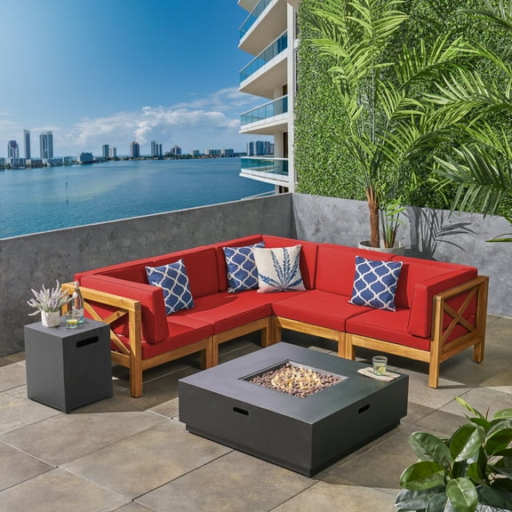 Noble House Culatra 7 Piece Outdoor Acacia Wood Sectional Sofa Set in Red