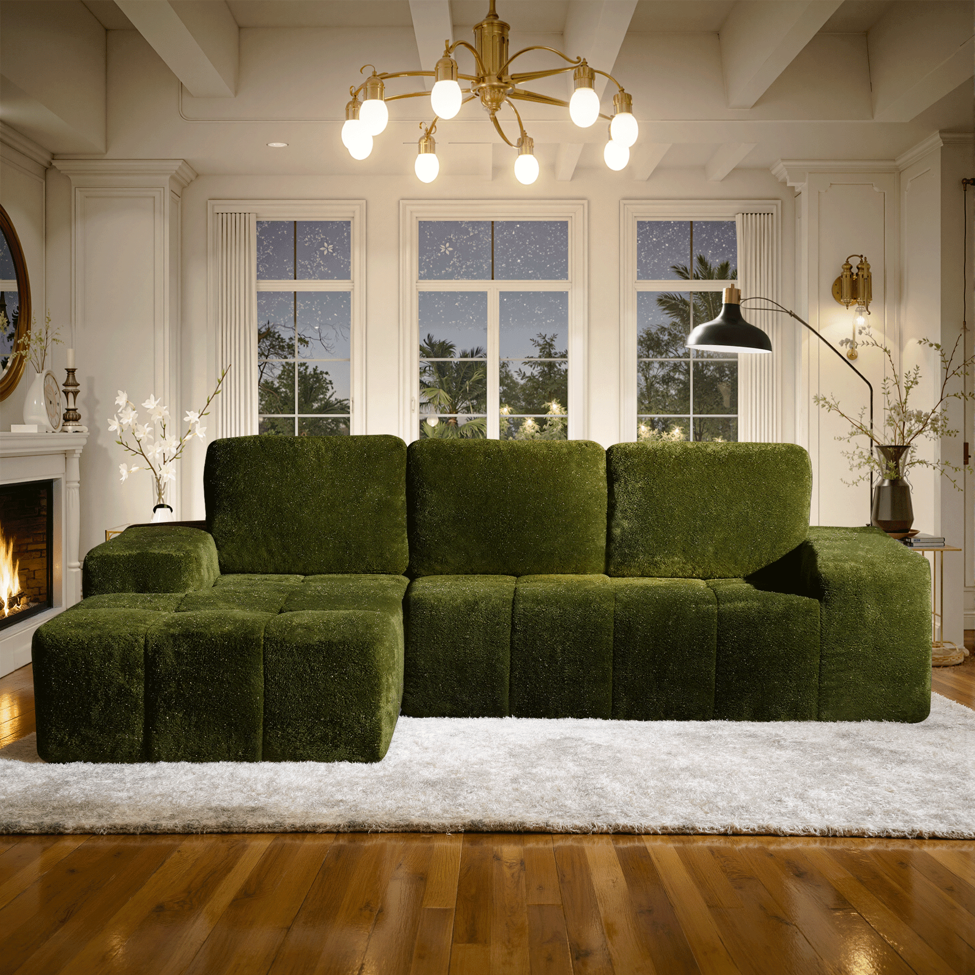 Ovios 116" L-Shaped Sectional Sofa Modern Modular Cloud Couch with Deep Seating Upholstered Sofa for Living Room Bedroom, No Assembly Required, Green (Starry Sky)
