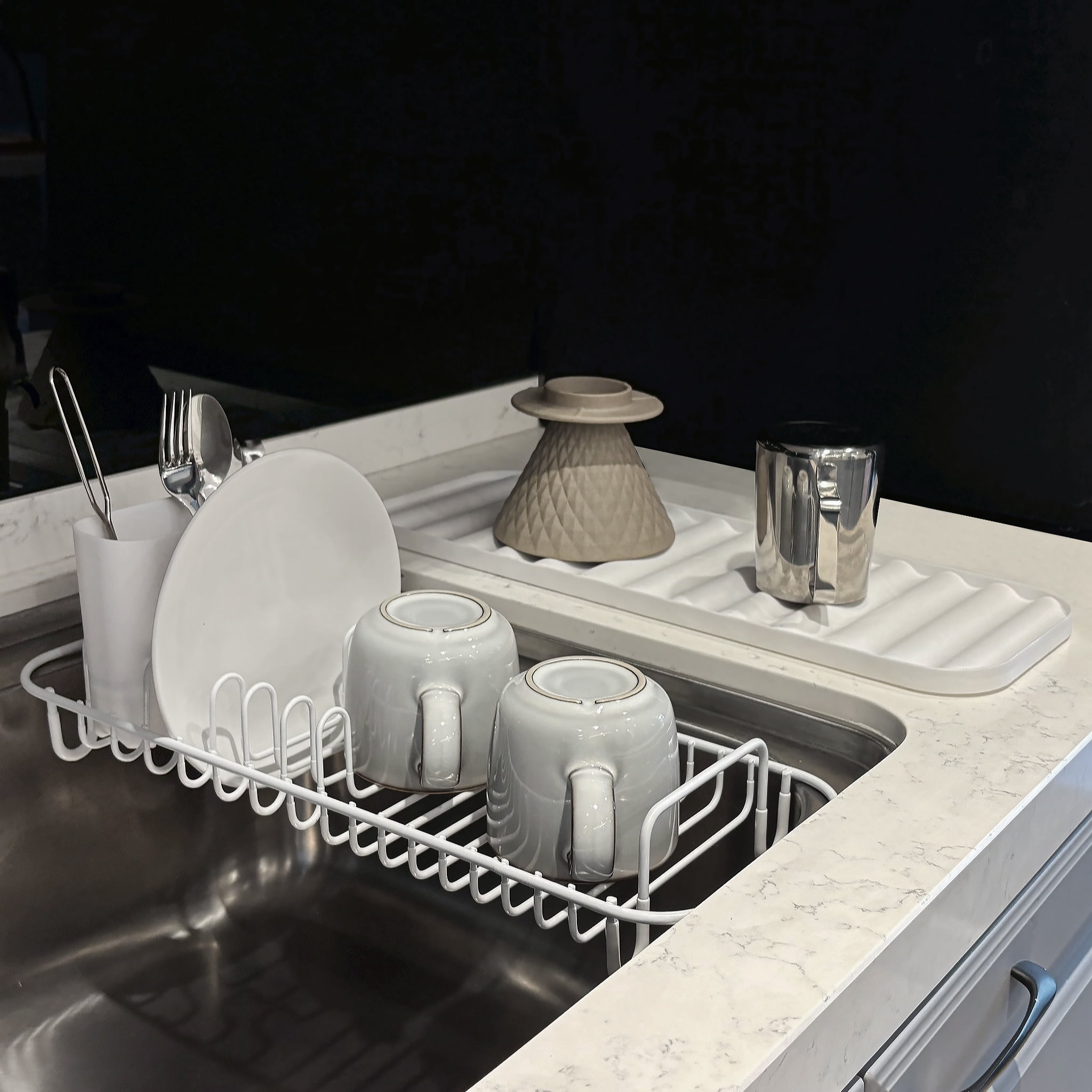 SunnyPoint 304 Stainless Steel Dish Drying Rack with Utensil Holder, Compact Countertop Dish Rack with Removable Drain Tray – White