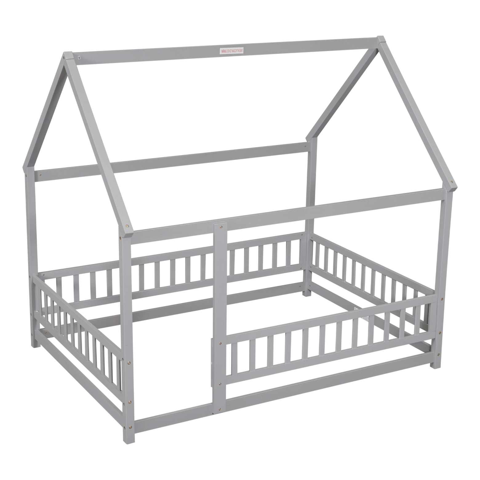 Full Size Floor Bed Frame with Roof for Kids, Wooden Montessori Bed with Fence Guardrails, Low Platform Playhouse Bed for Boys and Girls, No Slats Included, Gray