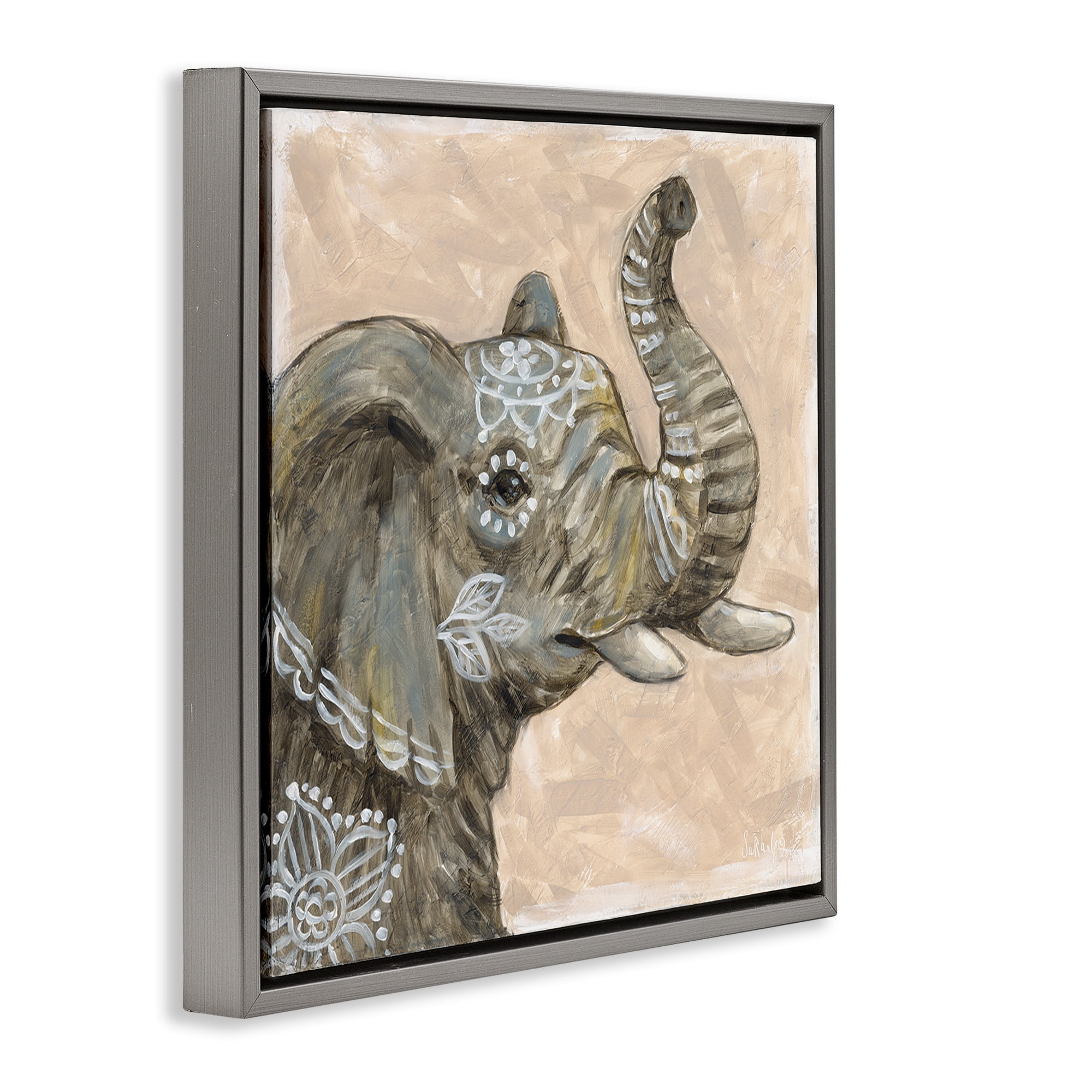 Stupell Industries Boho Patterned Elephant Animals Painting Gray Floater Framed Canvas Art Print Wall Art, 25 x 25