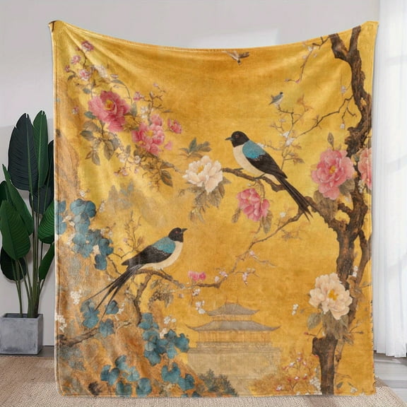 Vintage Floral and Bird Print Flannel Blanket – Soft, Cozy, All-Season Throw for Sofa, Bed, Car, Office, Camping & Travel – Elegant Yellow Background with Pink Flowers and Blue Birds