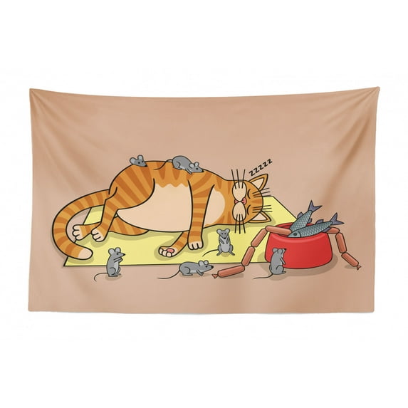 Cat and Mouse Tapestry, Repetitive Pattern of Kawaii Style Inspired Bakery Cakes and Animal Faces, Fabric Wall Hanging Decor for Bedroom Living Room Dorm, 2 Sizes, Multicolor, by Ambesonne