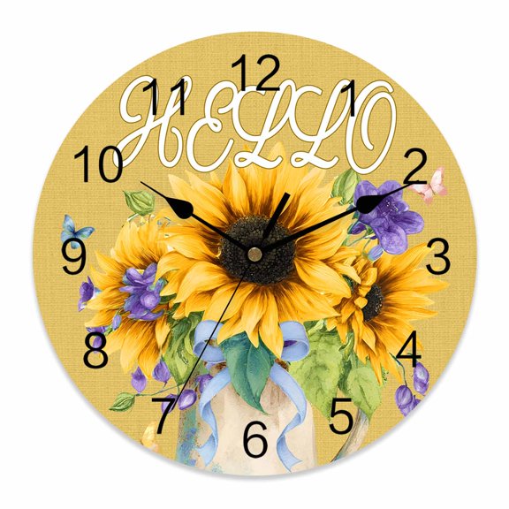 Wall Clock 10 Inch Sunflowers Kettle Yellow Hello Round Silent Decorative Wall Clocks Battery Operated for Living Room Bedroom Kitchen Classroom Decor, Spring Flowers Butterflies