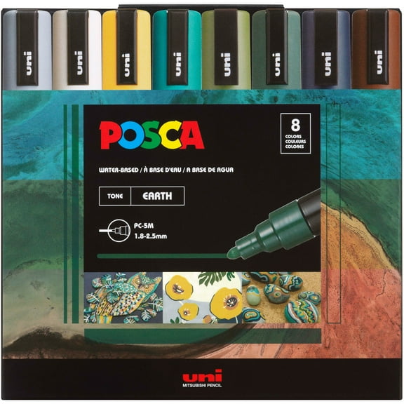 Uni POSCA PC-5M Water-Based Paint Markers, Reversible Medium Tip (1.8-2.5mm), Earthtone Ink Colors, 8 Count