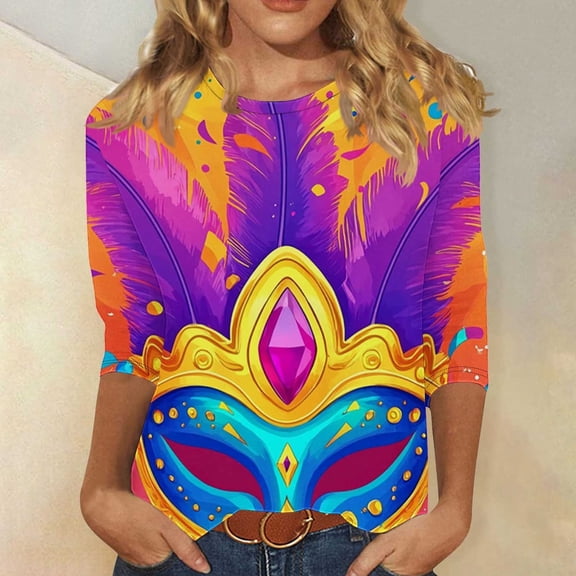 Pounoo Womens Mardi Gras Tops Mask Graphic Crew Neck 3/4 Sleeve Shirts 3D Print Top Mardi Gras Outfit Carnival Themed Party Tees Gift
