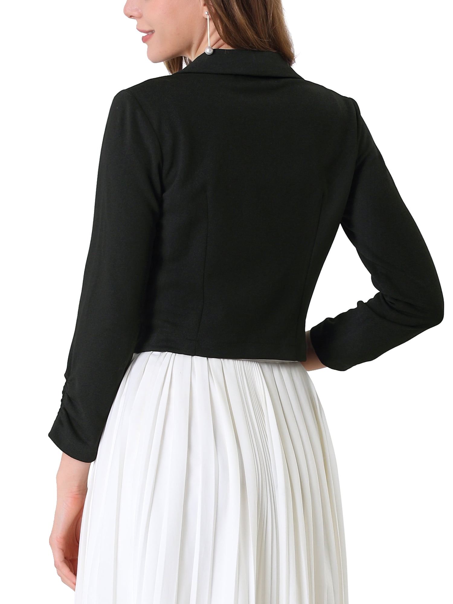 DARING DIVA Women's Notched Lapel Ruched Sleeve Crop Blazer XS Black