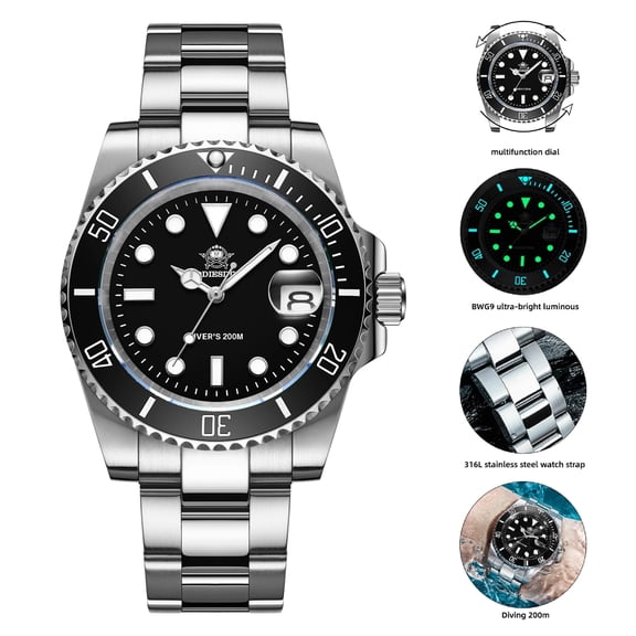 ADDIESDIVE Watches for Men Dive 200m Waterproof Men's Analog Quartz Watch BGW9 Luminous, Date Magnifier, Stainless Steel Bracelet