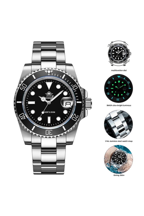 Watches for Men Dive 200m Waterproof Men's Analog Quartz Watch BGW9 Luminous, Date Magnifier, Stainless Steel Bracelet
