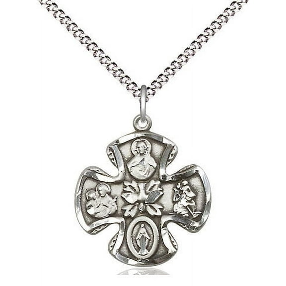 Extel Medium Pewter Traditional Catholic 5-Way Cross Cruciform Pendant with 18" chain with Miraculous Medal, St. Joseph, St. Christopher and Sacred Heart, Made in USA