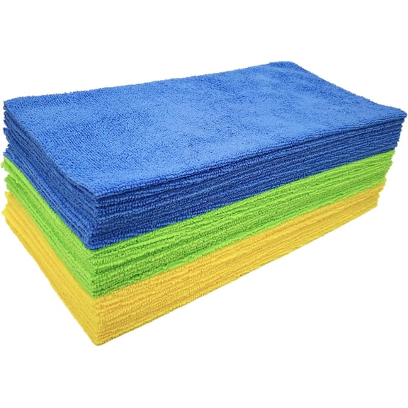 Microfiber Cleaning Cloth Ultrasonic Cut Edgeless, 12 x 12 in (50 Pack, Blue,Green,Yellow)