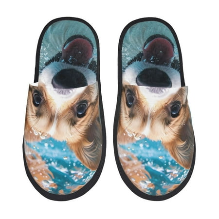 Balery Sea Swimming Corgi Slient Indoor Furry Fleece Comfort House Shoes Soft Non-Slip Home Shoes Cotton slippers House Slippers-- Medium