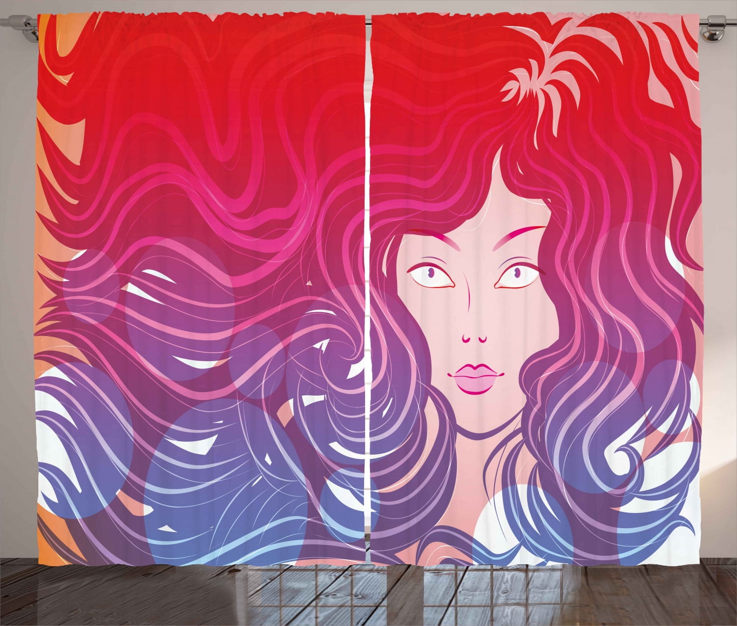Modern Curtains 2 Panels Set Graphic Little Mermaid Face And Wavy