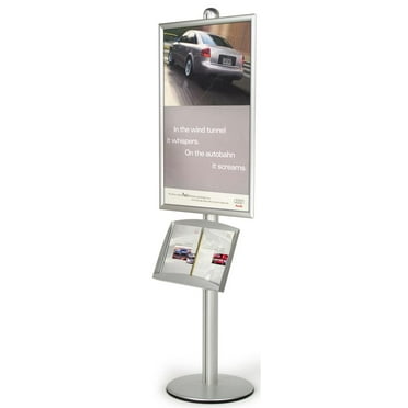 6ft. Floor-Standing Sign Stand for 24 x 36-Inch Graphics, Includes Steel Brochure Tray, Poster Holder with Hinged, Front-Loading Frame - Silver, Aluminum and Steel (BP2436LH)