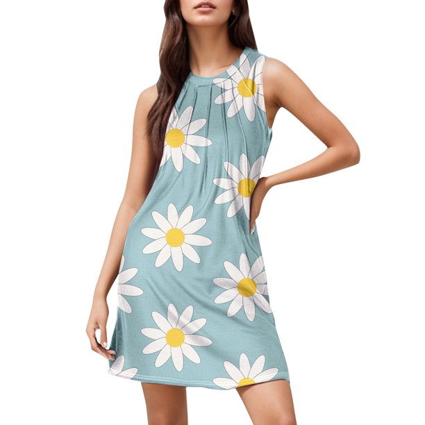 WILLBEST Regalos Para Mujer Vestido Playero Elegante De Verano Con Estampado Informal Y Sin Mangas, Largo Medio, Cuello Redondo 1959