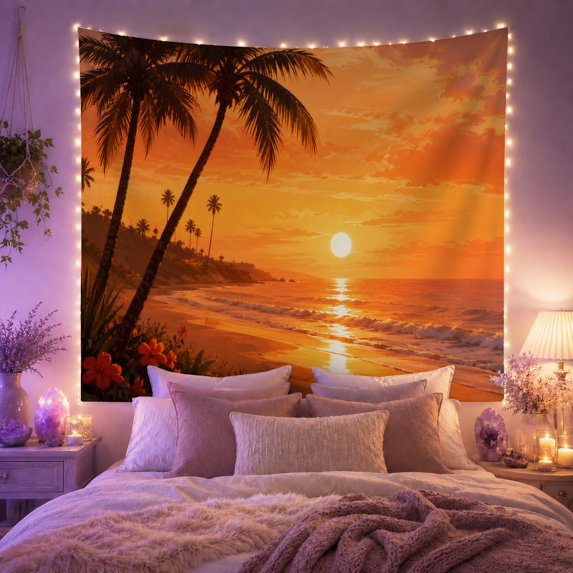Tropical Beach Sunset Tapestry Wall Hanging