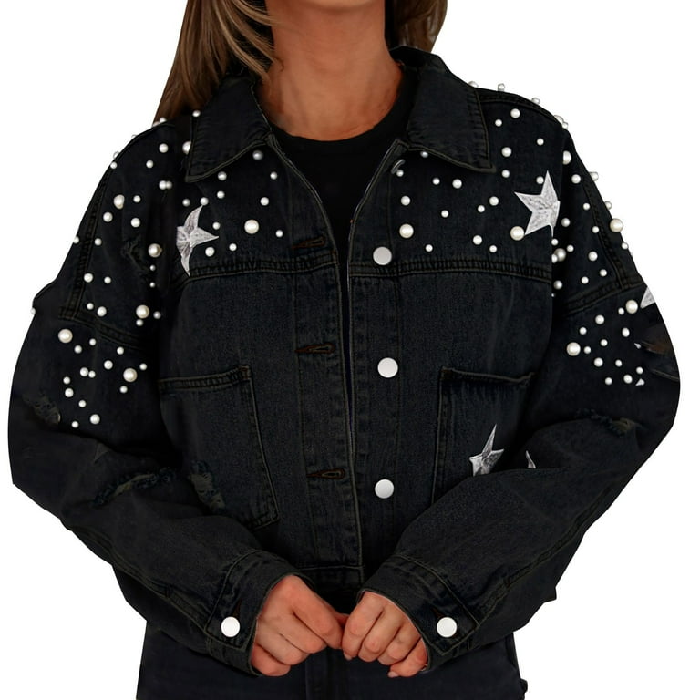 BOOMILK Women Long Pearl Beaded Denim Jacket Ripped Star