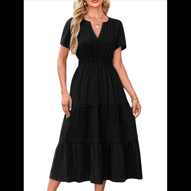 Vestido Bohemio Informal de Verano para Mujer, Ligero, de Corta, Cuello en V, Cintura Elástica y Bolsillos. Negro XXL