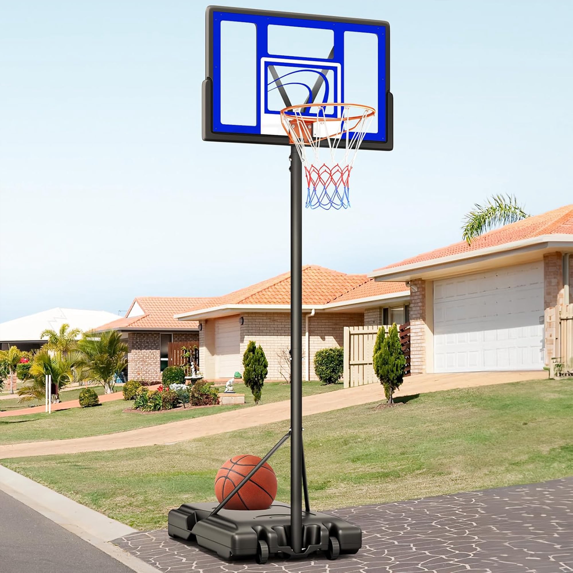 Toremore 44" Basketball Hoop Outdoor 4.43-10ft Adjustable, Portable Basketball Hoop Goal System with Shatterproof Backboard and Larger Base for Kids Youth and Adults, Blue