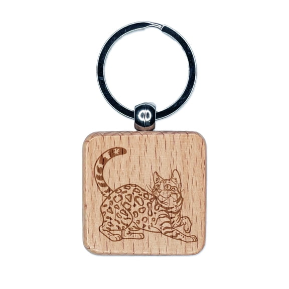 Loveable Bengal Cat Square Keychain Charm Tag - Engraved Wood
