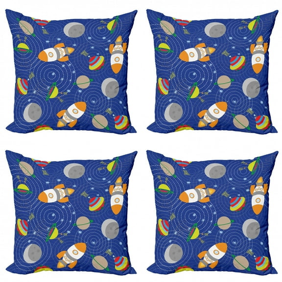 Ambesonne Cartoon Throw Pillow Cover 4 Pack, Outer Space Moon UFO, 20", Multicolor