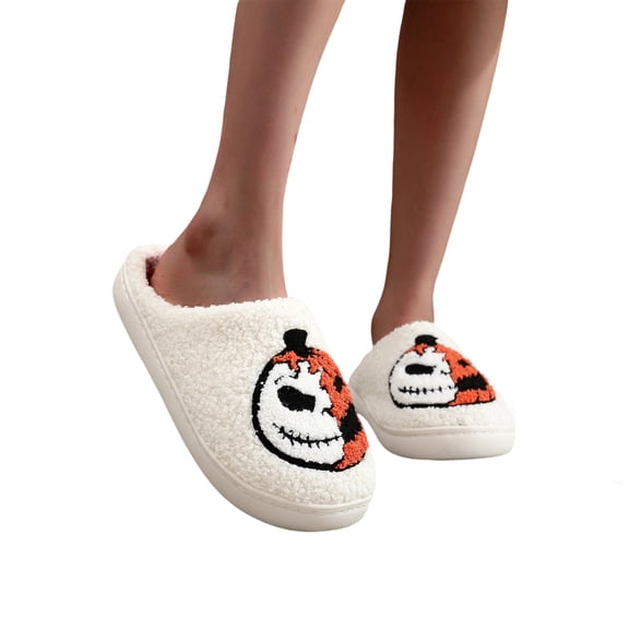KEVCHE Womens Halloween Pumpkin Slippers for Warm Indoor Wear, Plush Spooky Design House Shoes for Men Women, Winter Home Fluffy Floor Slippers with Non-Slip Sole