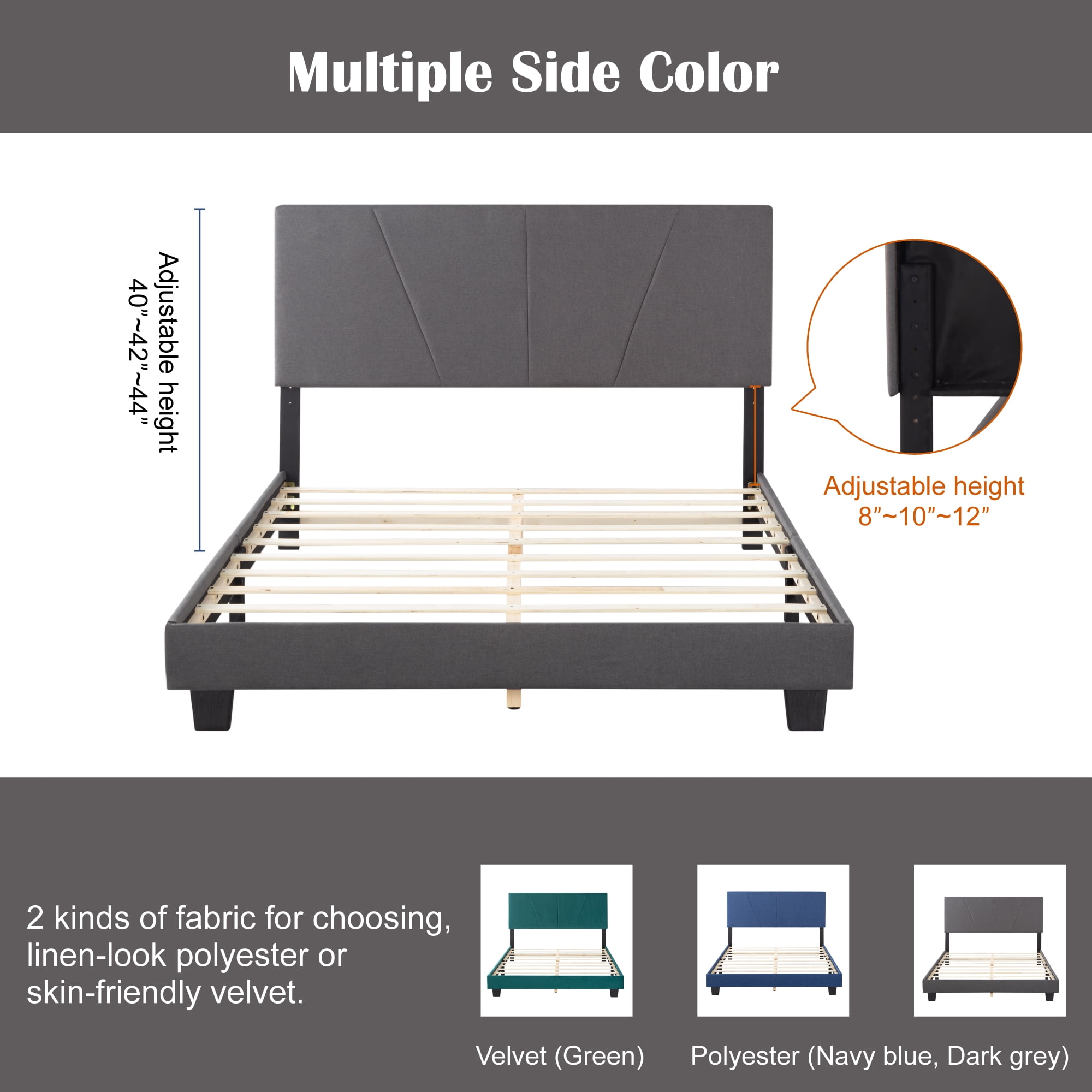 Gewnee Queen Size Platform Bed with Headboard,Fabric Upholstered Bed Frame,Strong Wood Slats Support,Easy Assembly,No Box Spring Needed（Dark Gray)