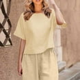 thumbnail image 2 of Olyvenn Women's Linen Shirts Plus Size Short Sleeve Cotton Blouses Casual Loose Crew Neck Solid Boxy Tunics Top Beige 6, 2 of 6