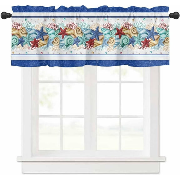 Summer Kitchen Curtain Valance Living Room Valance for Windows Summer Ocean Starfish Conch Shell Coral Blue Valance Curtains Short Rod Pocket Window Valance for Bedroom, 54"x18"